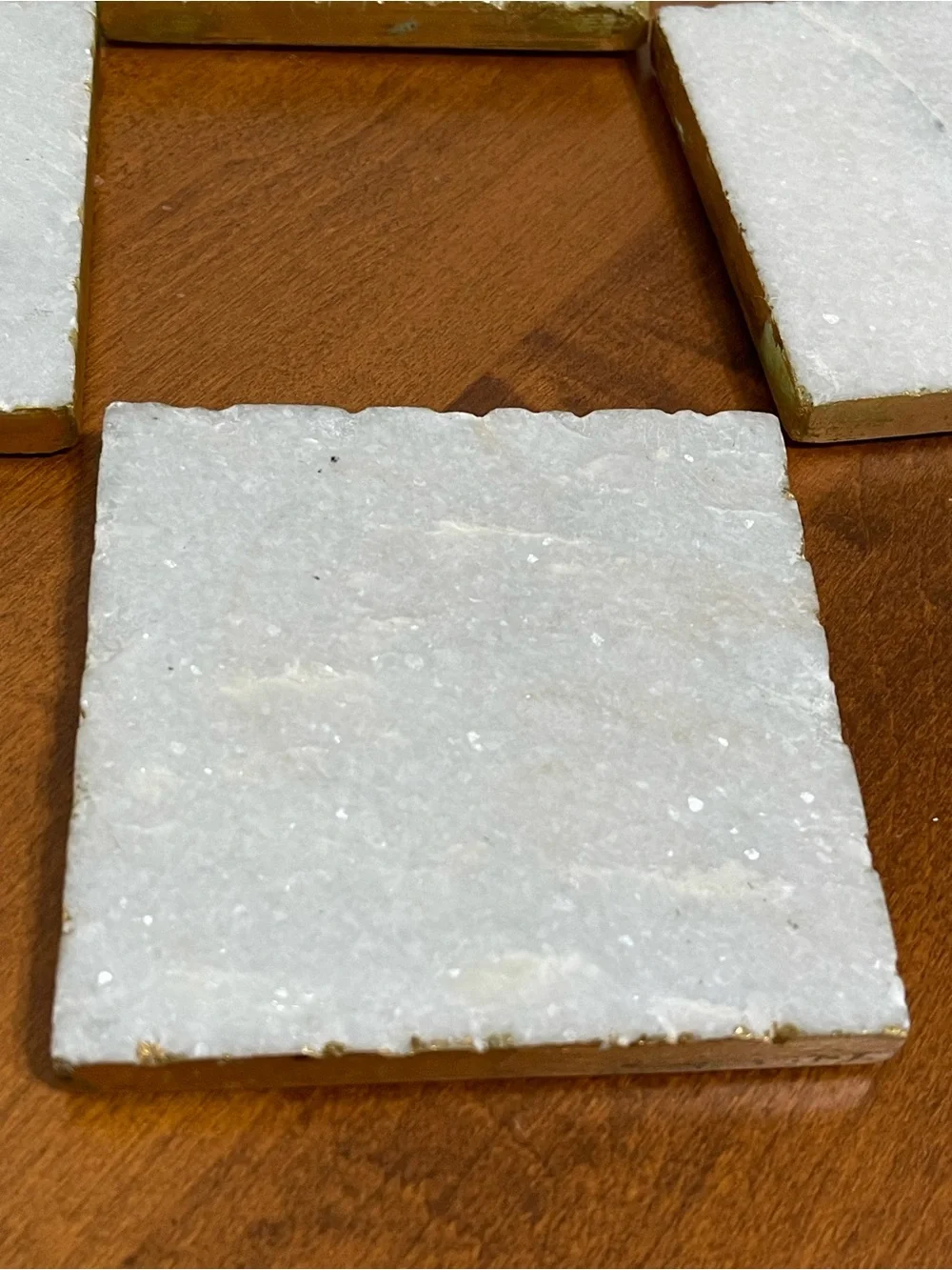White Natural Stone Marble Sparkle Shimmery Square Coasters Gold Edges 4x4 4 Set